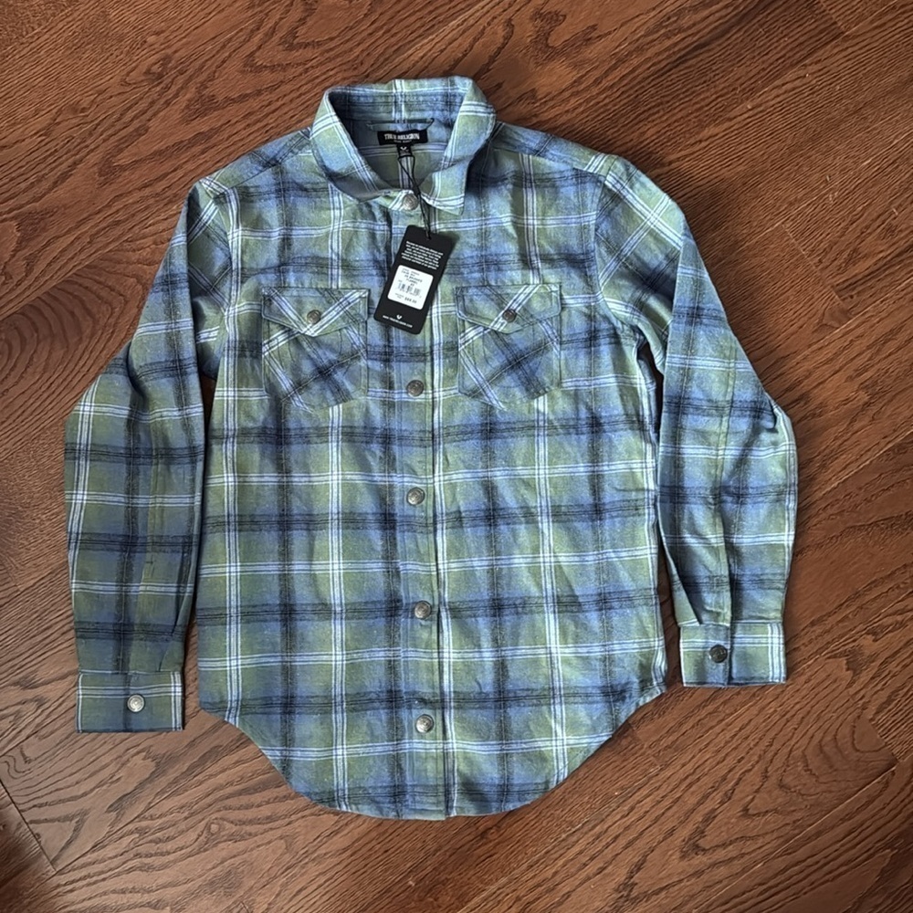TRUE RELIGION HS Brushed Flannel Womens Button Up Long Sleeve Iris Green Blue XS - Picture 5 of 9